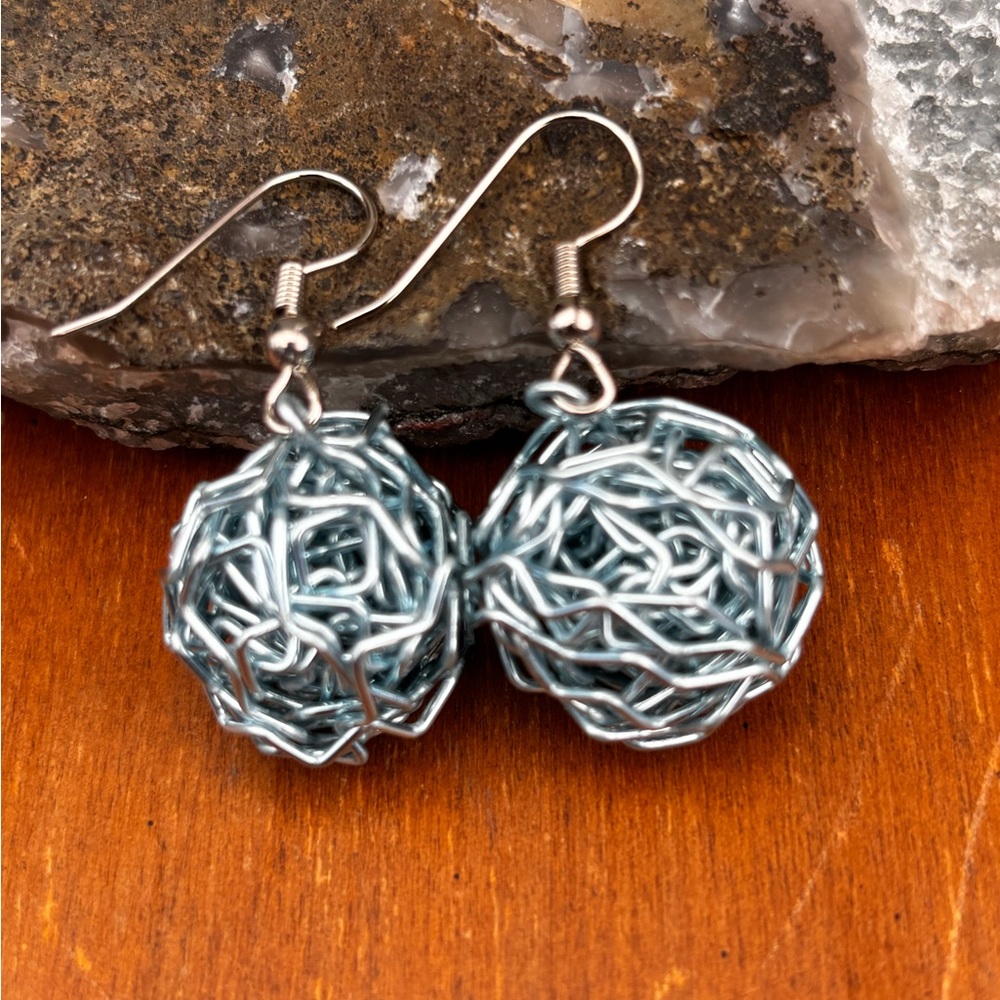 Handcrafted Light Blue Wire Ball Drop Earrings